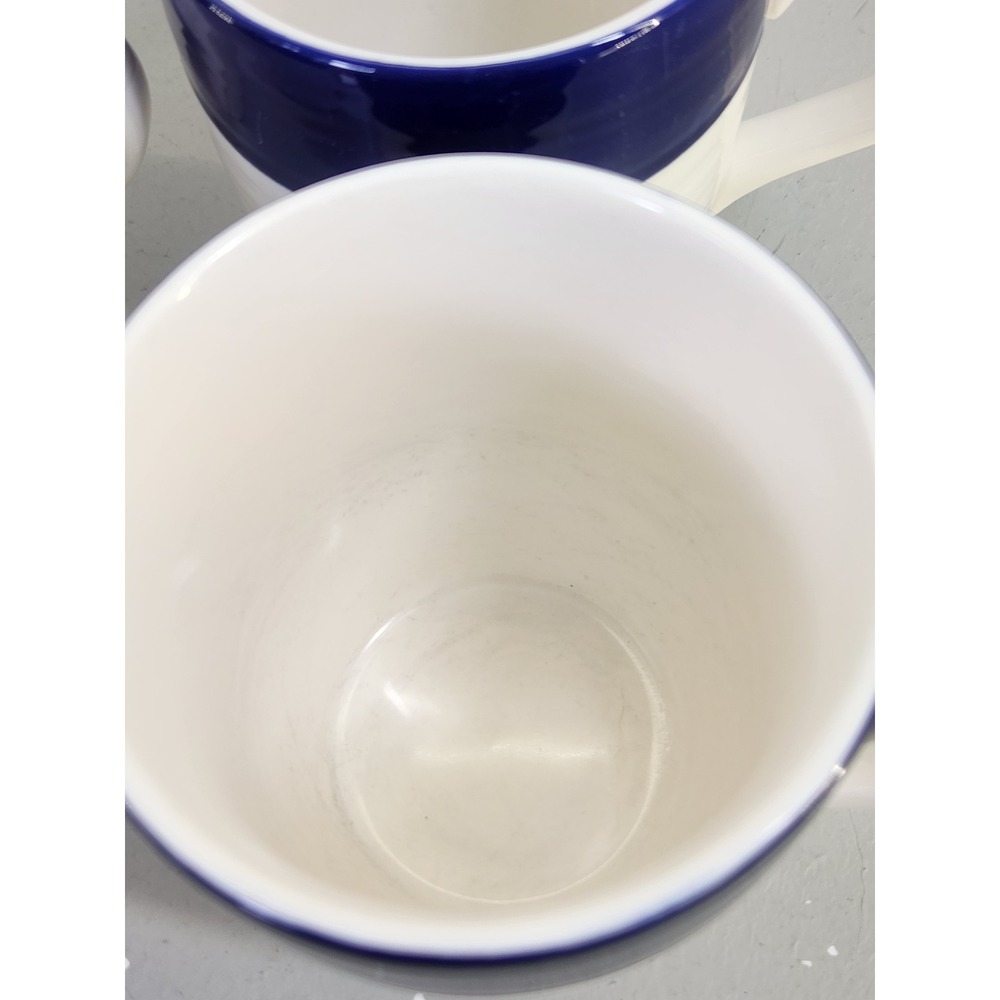 Pottery Barn Coffee Mugs Set of 4 White Navy Blue Ribbed Stoneware E - Picture 3 of 7